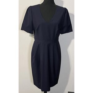 J Crew Suiting Dress Womens 8 Navy Wool‎ V Neck Short Sleeve Sheath Knee Length